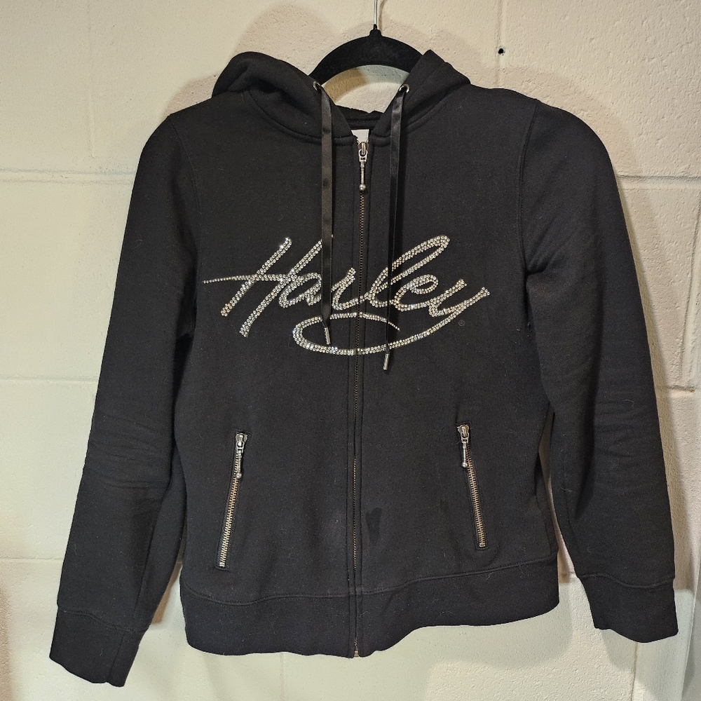 Harley Davidson Women XS Black Rimstone Lettering Full zip sweatshirt Hoodie.